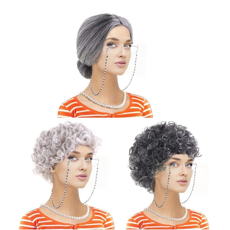 100 Tage Schule Cosplay Kostüm Set für Kinder Alte Dame Kostüm Zubehör Falsche Perlen Halskette Brille Perücken Haarnetz