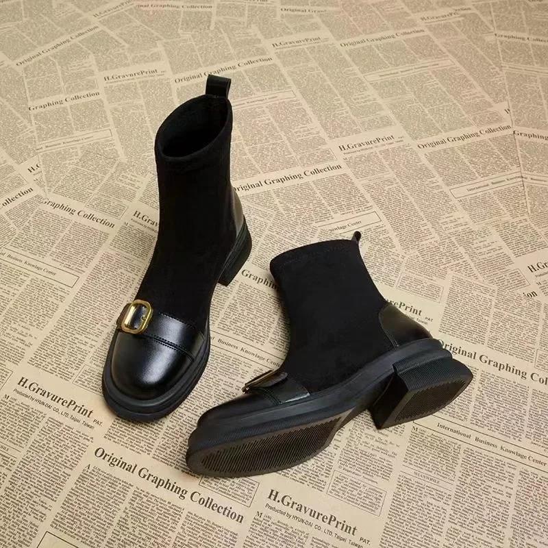 Damskie Modne Kozaki Gruby Obcas Antypoślizgowe Okrągły Nosek Buty Damskie Zamsz Kwadratowy Obcas Rekreacyjne Wygodne Botines Para Mujeres