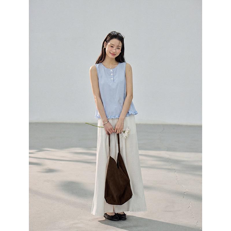 French Pleated Lace Vest Summer New Round Neck Button-down Sleeveless Top