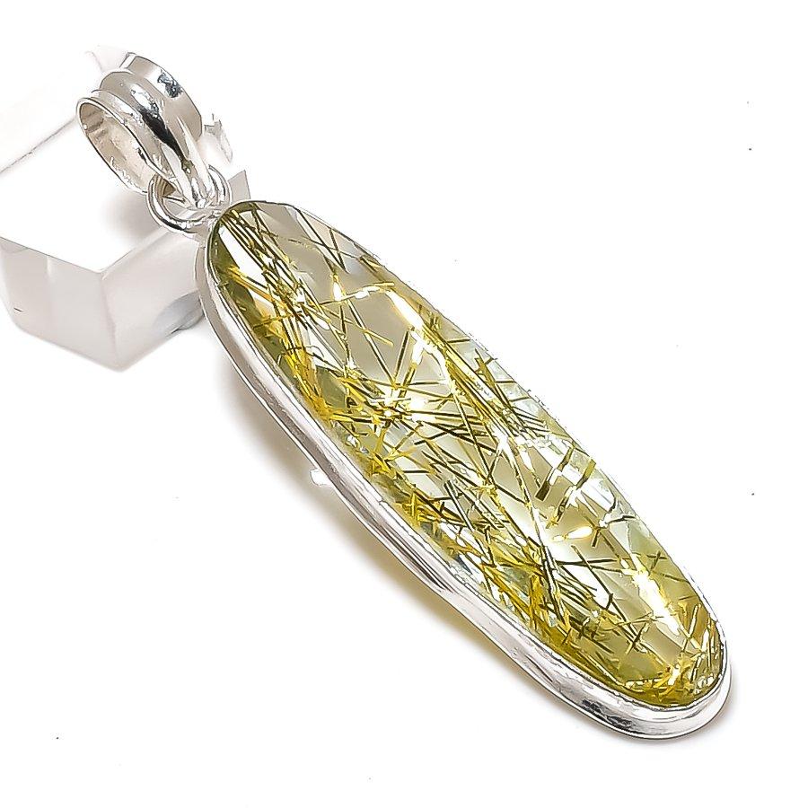 Natural Golden Rutile Gemstone 925 Sterling Silver Jewelry Pendant 2.64" w2C47