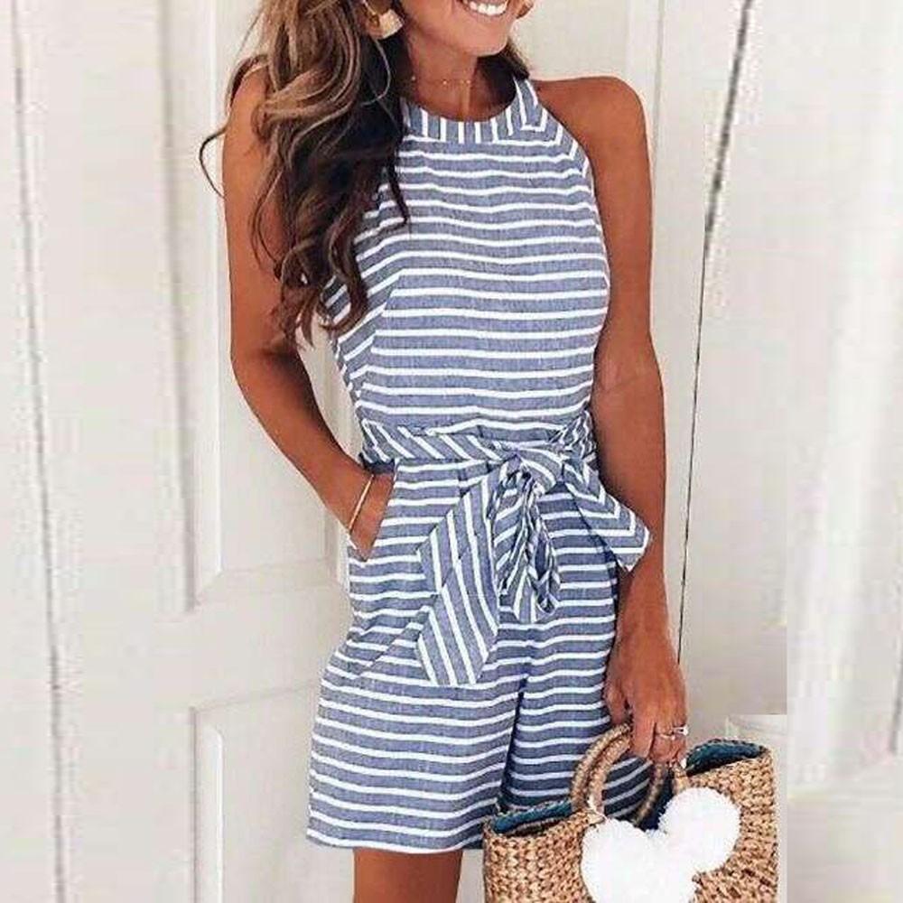Women s Sleeveless Striped Romper Halter Neck Tie Waist Casual Slim Fit One Piece Shorts Jumpsuit S