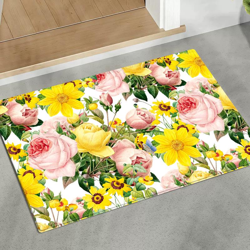3D Colorful Flowers Flannel Doormat Absorbent Mat for Bedside Entrance Kitchen Floral Rug Home