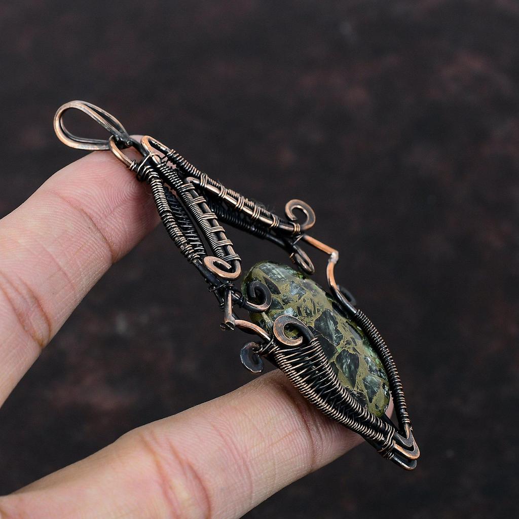 Copper Seraphinite Pendant Copper Wire Wrapped Pendant Natural Gemstone Pendant Handmade Copper Jewelry Anniversary Gift Seraphinite Jewelry