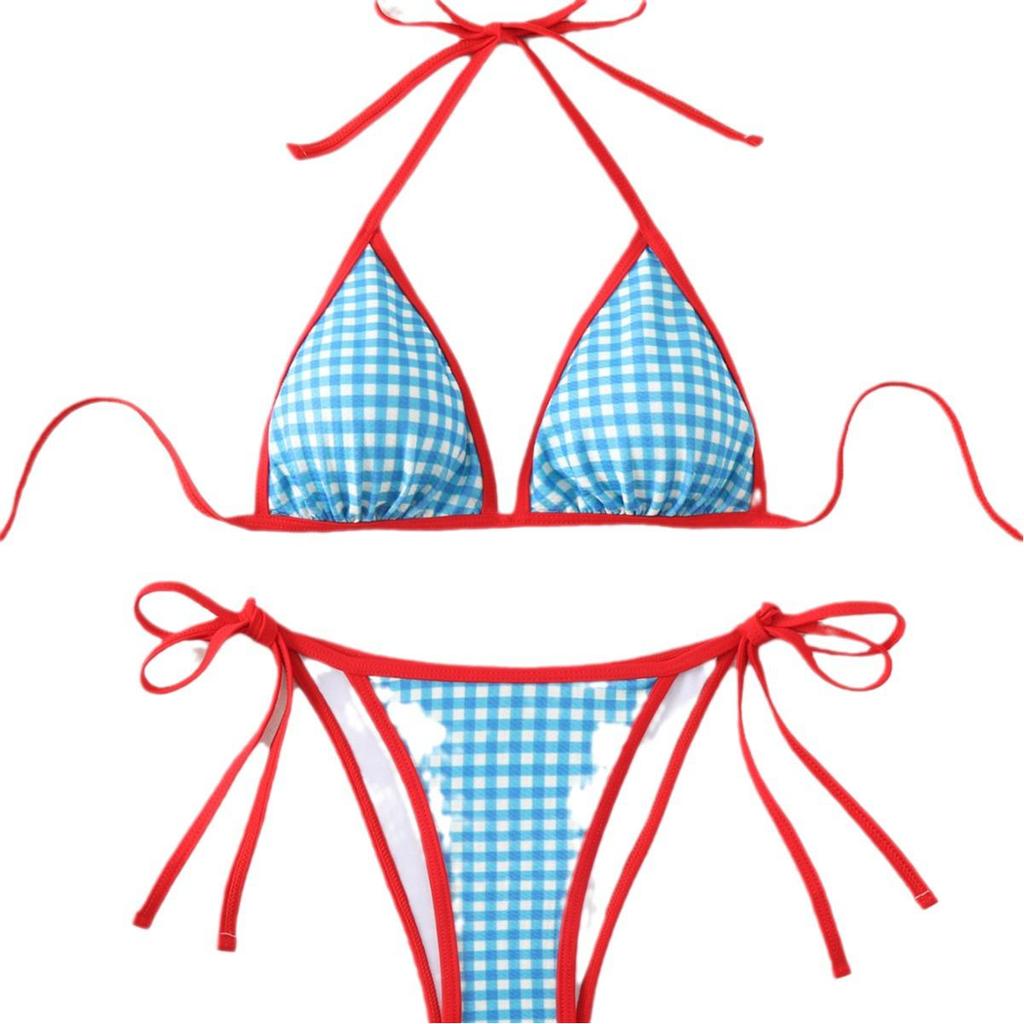 European & American Sexy Houndstooth Tie Halter Triangle Bikini Swimsuit for Women
