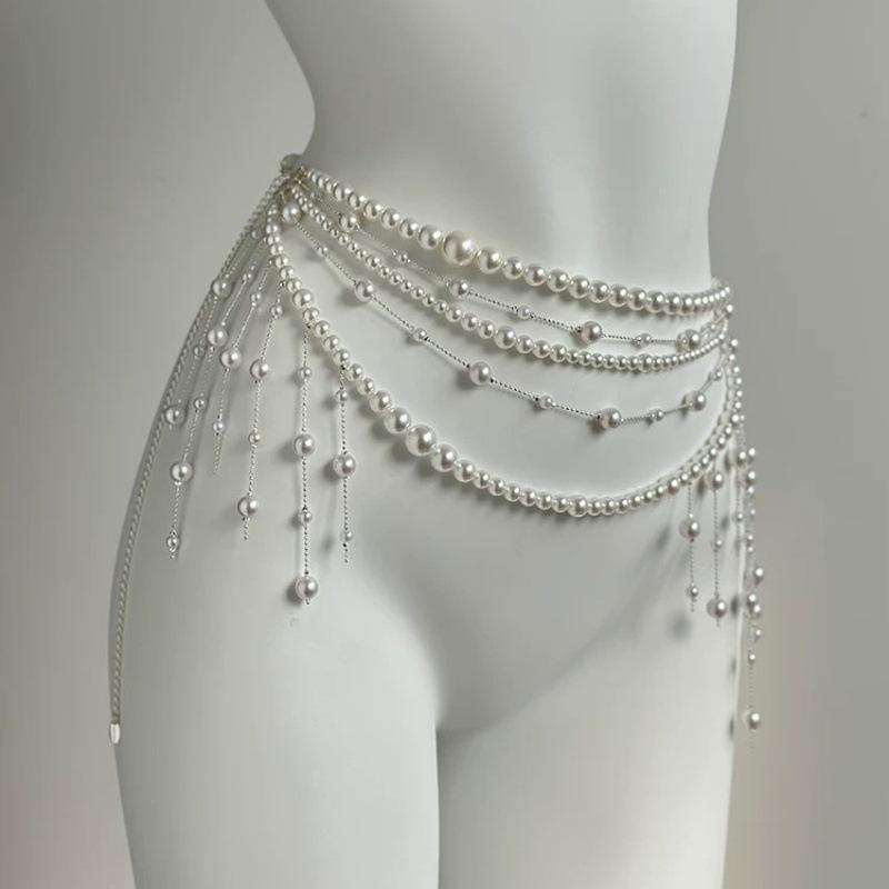 Adjustable Fit Multilayer Pearl Waist Chain 1Pc Retro Y2K Designer Women's Belt for All Body Types Daily Wear