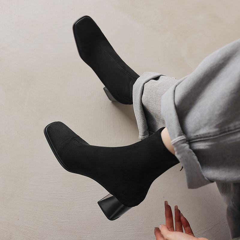 Krazing Pot Microfiber Flock Square Toe Winter Thick High Heels Fashion Boots Women Size 42 Elegant Patch Work Ankle Boots