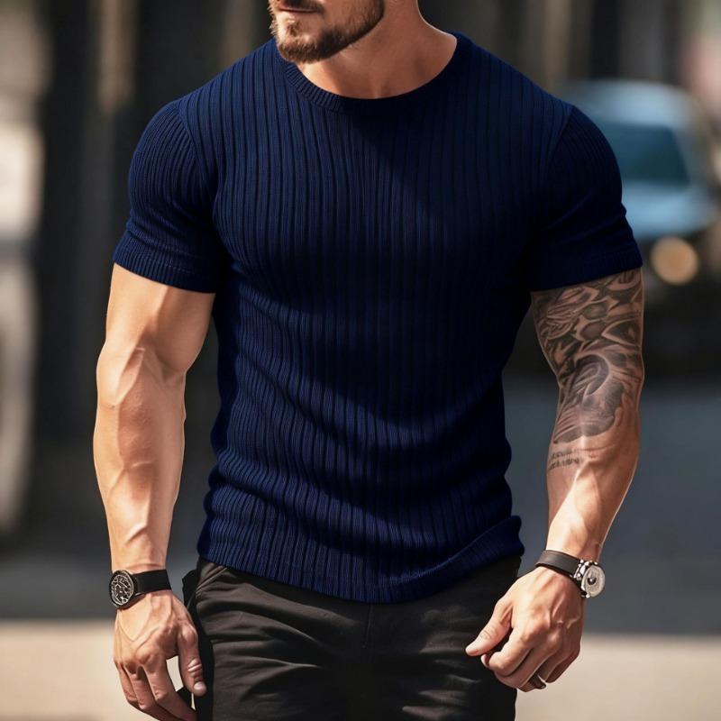 T-shirt Sport Fitness Décontracté d'Été pour Homme Col Rond Élastique Rayures Verticales Manches Courtes