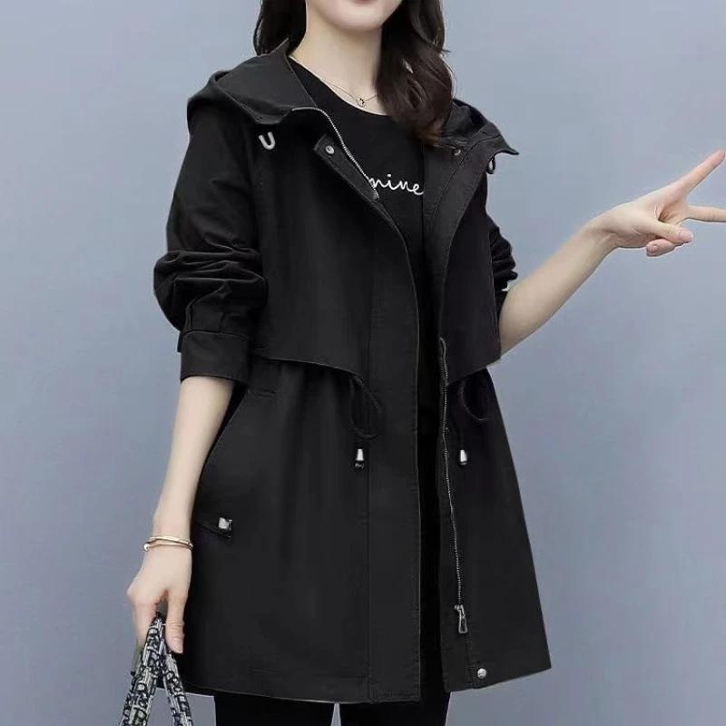 Spring and Autumn Women's Mid-length Trench Coat Hooded Zipper Tie-in Jackets British Style Loose Coats Women's Clothing