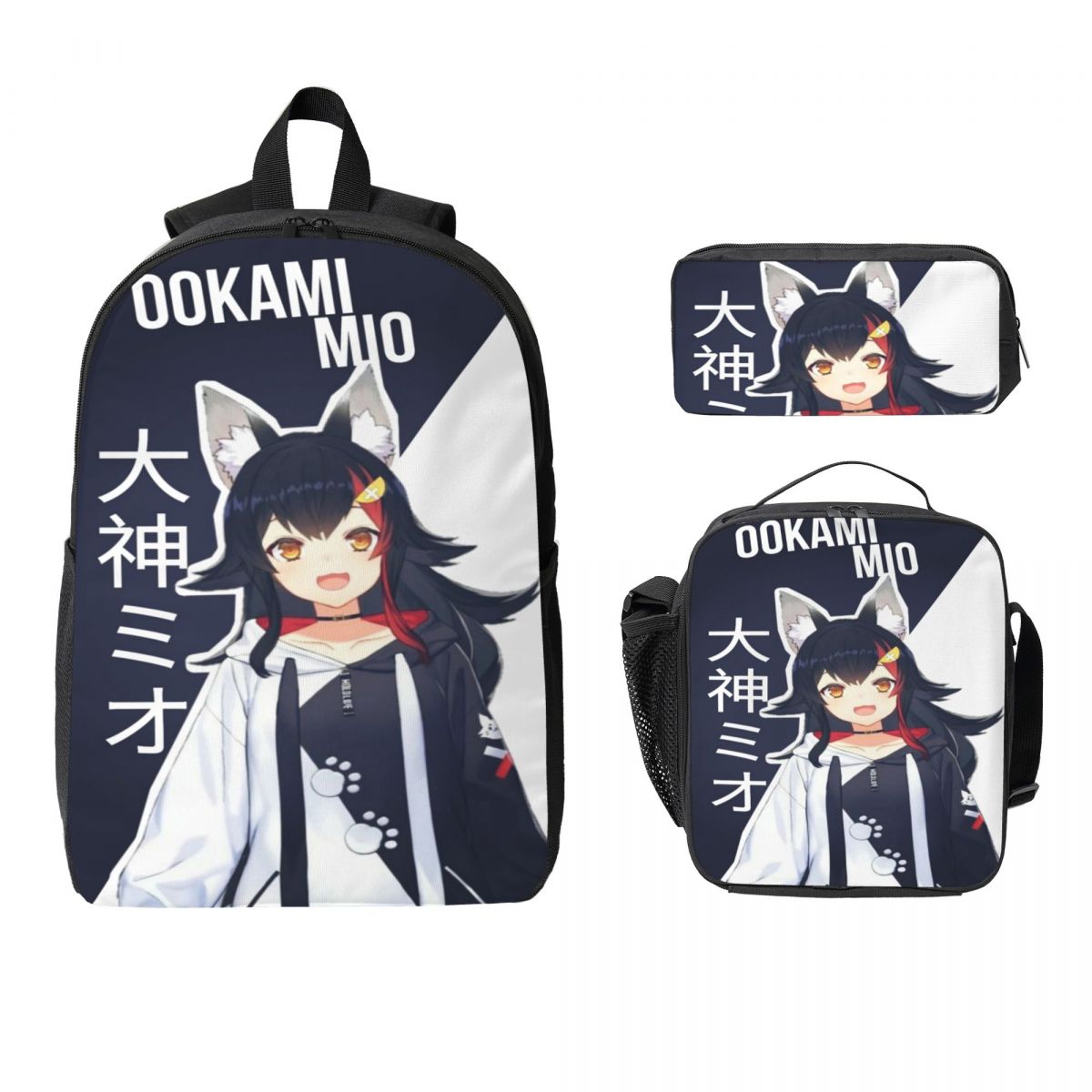 Ensemble de 3 Sacs à Dos Mio Ookami Hololive pour Enfants Boîtes à Crayons Sacs d'École avec Sac à Lunch Pour Élèves Sac à Dos