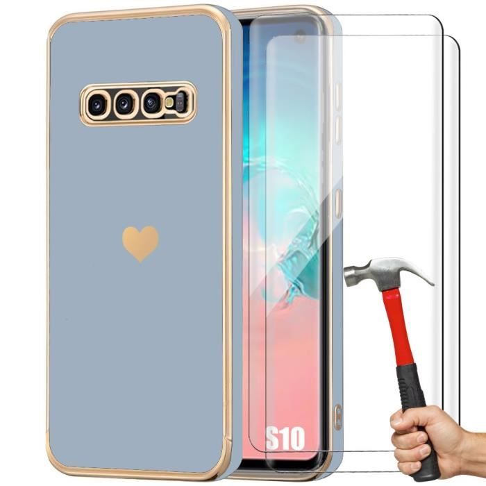 Coque + Verres Trempés - BOOLING - pour Samsung Galaxy S10 - Silicone Bleu - Motif Cœur - Protection Antichoc