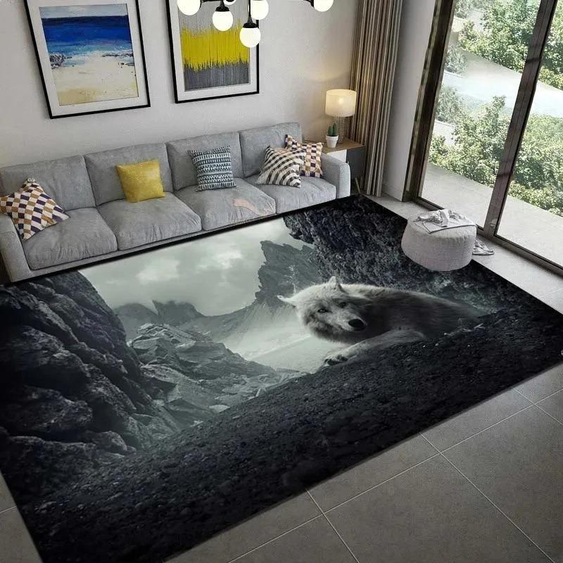 Rocky Canyon Wolf Rug, Mysterious Wilderness-Themed Home Decor Carpet with Rugged Terrain Charm for Living Area