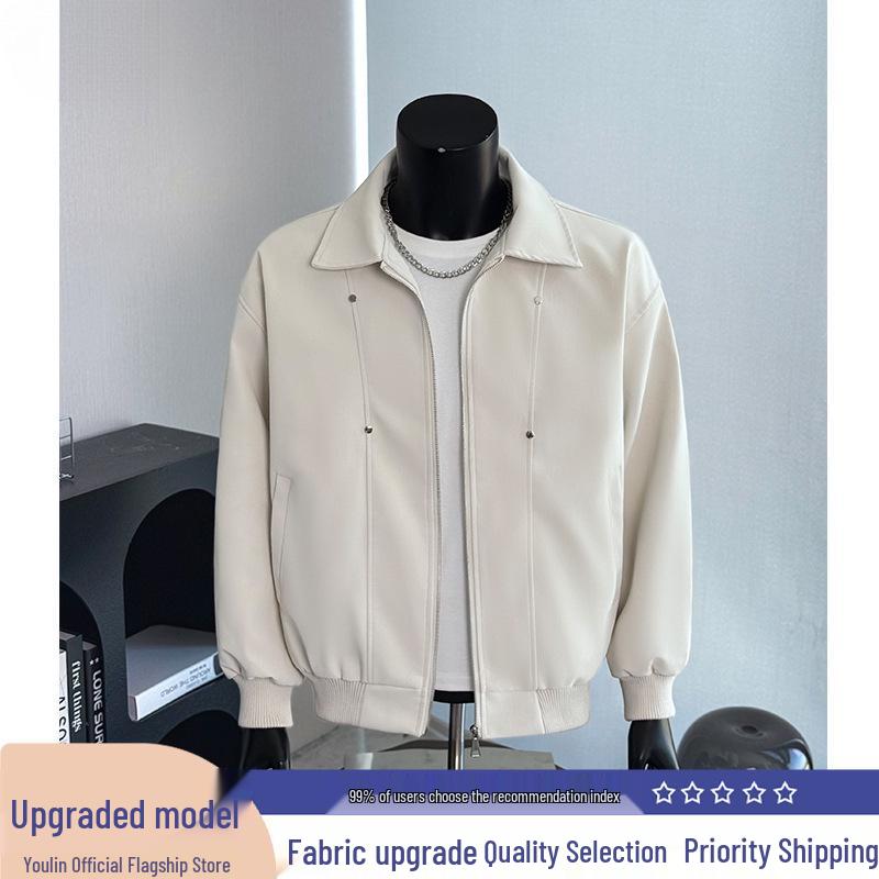 Off-White PU Leather Padded Men's Autumn Winter Motorcycle Jacket, Thickened Cotton Baseball Style for Couples