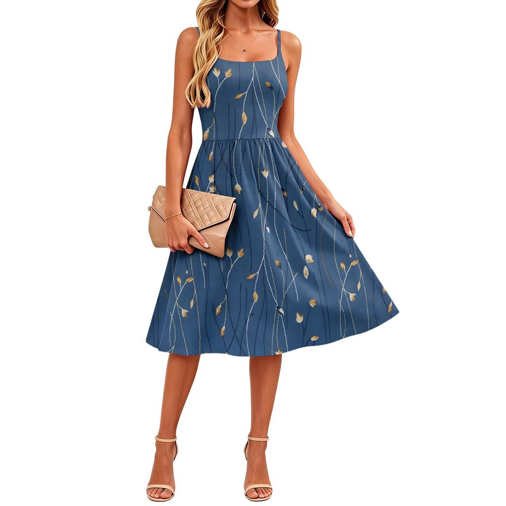 Women's Sleeveless Adjustable Strap Casual Midi Dress with Pockets and Geometric Print Comfortable Fit Summer Dress