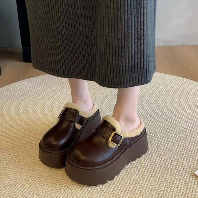 Thick-soled Height-increasing Sponge Shoes for Women with Fleece Toe Caps and Cotton Slippers