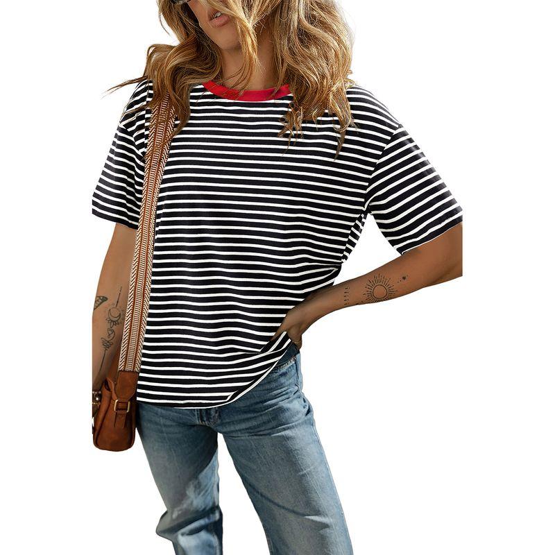 Acelitt Casual All-matching O-neck Pullover Women 2025 Summer New Stripe Print Short Sleeve T-shirt
