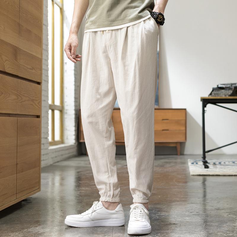 Four Seasons Men's Linen Pants, Thin, Loose, Tight-fitting Cotton and Linen Sports 9-point Casual Pants for Men
