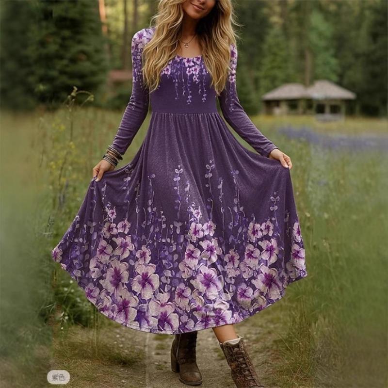 Retro Print Large Maxi Dress Women's Fashion Elegant Office Women's Long Dresses Spring Autumn Casual Long-sleeve Slim Vestidos