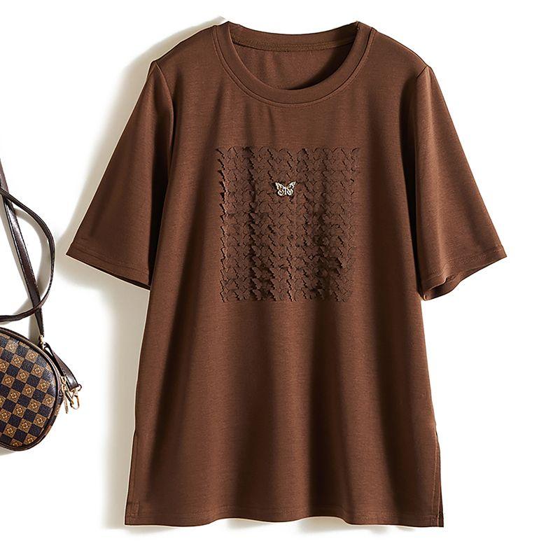 

Stereo Pansy Matrix! Chic Women s Summer round Neck Short Sleeves Air Cotton Stretch Pullover Plaid T-shirt Sweat-Absorbent Coffee L