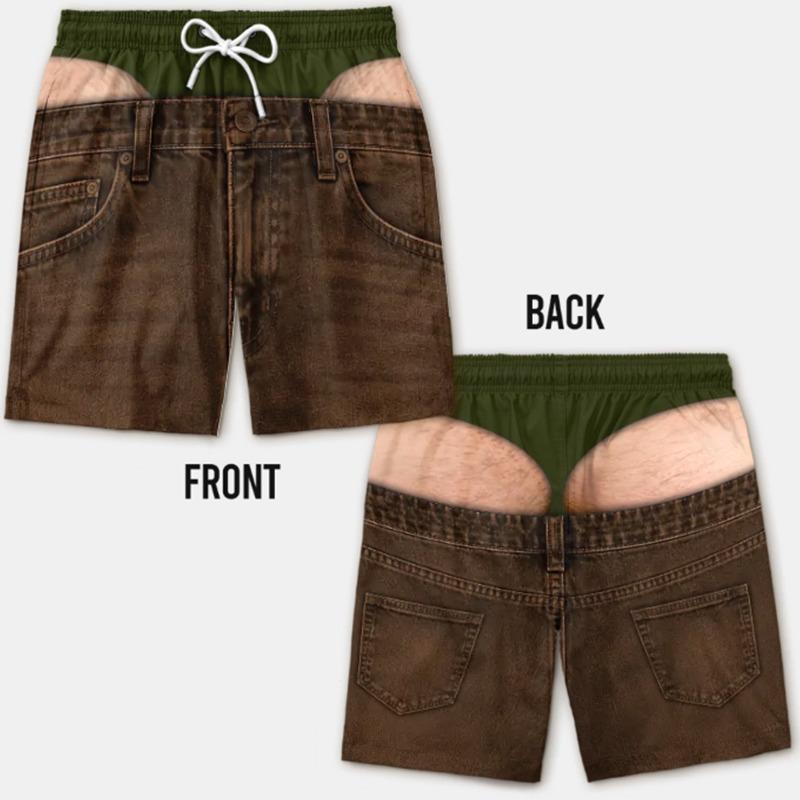 Summer Party Favorite Novelty Men Board Shorts Fake Denim 3D Print Drawstring Shorts For Beach Pool Funny Prank Outfit