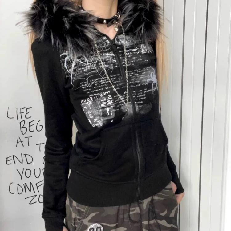 VAYLA Y2k Fur Patchwork Grunge Hoodies Women Streetwear Vintage Harajuku Gothic Print Hooded Sweatshirt Coat Aesthetic Slim Jacket
