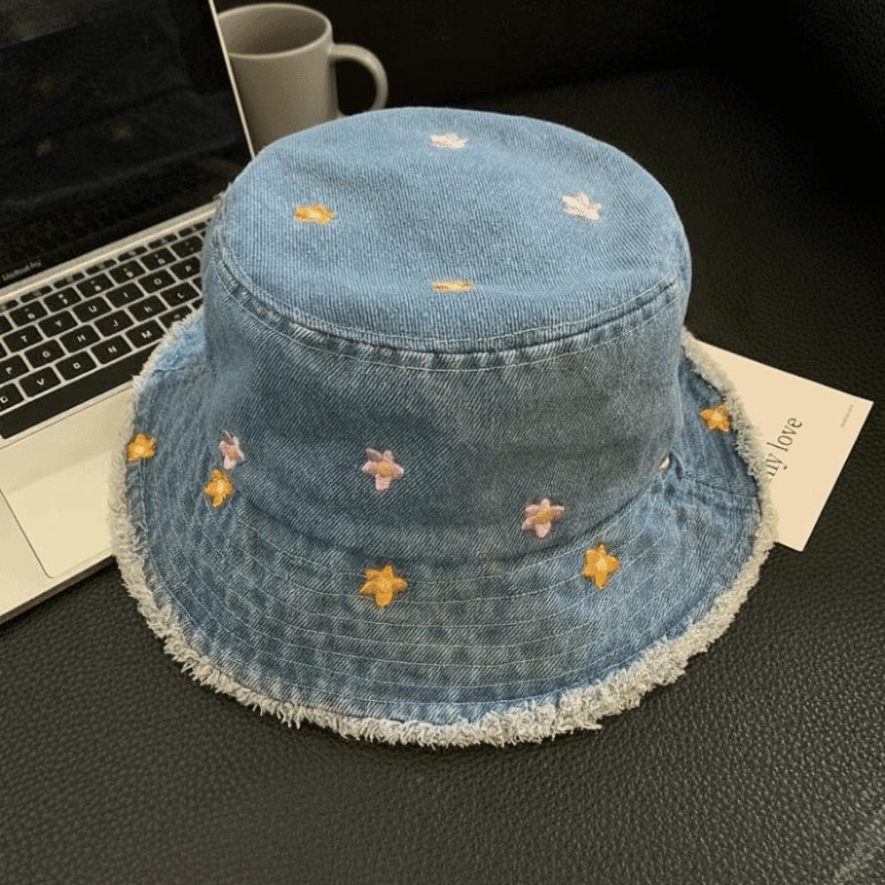 Składany Damski Kapelusz Przeciwsłoneczny Haftowany Kwiatami Kapelusz Rybacki Jeansowy Kapelusz Bucket Lato Outdoor