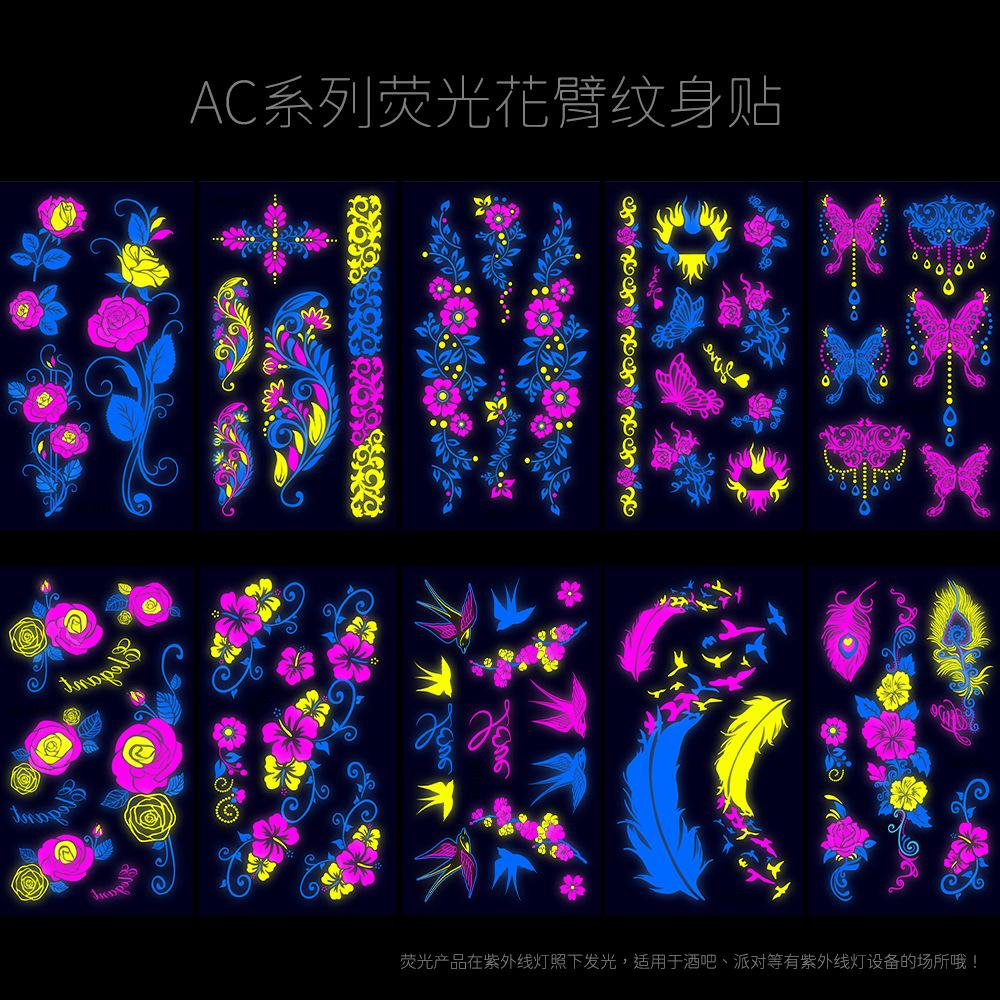 New Nightclub Fluorescent Tattoo Sticker Face Sticker, Waterproof Dragon And Tiger Flower Feather Neon Luminous Tattoo Sticker