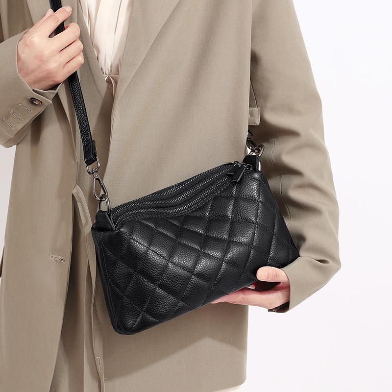 Genuine Leather Rhombus Shoulder Bag Women, Simple Casual Soft Leather Bag Women'S Solid Color Cowhide Messenger Bag