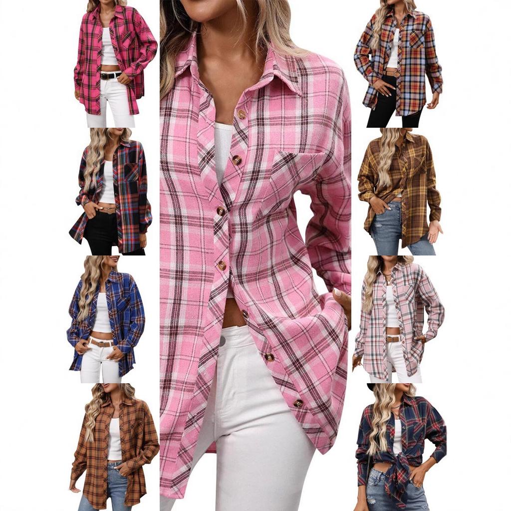 Women's POLO Collar Long Sleeve Plaid Shirt Loose Fit Vintage Casual Flannel Blouse