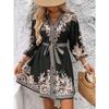 New Women's Printed V-Neck Dress, Three-Quarter Elbow Sleeve Tie Waist A-Line Midi Dress for Summer Casual Party Daily Wear