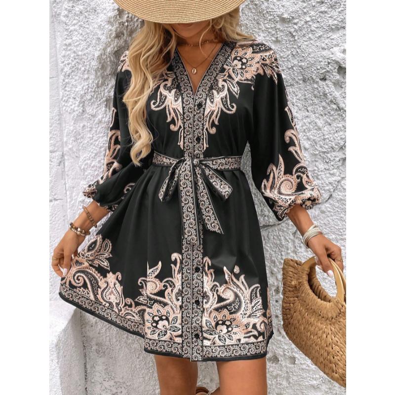 New Women's Printed V-Neck Dress, Three-Quarter Elbow Sleeve Tie Waist A-Line Midi Dress for Summer Casual Party Daily Wear