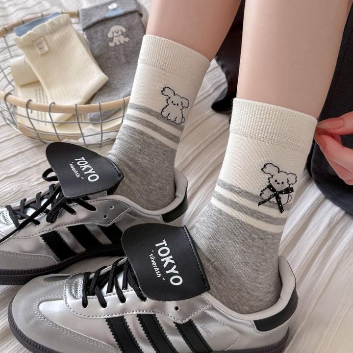 Korean Blue-Grey Mid-Calf Combed Cotton Women's Socks - Trendy Japanese Cute Puppy Design