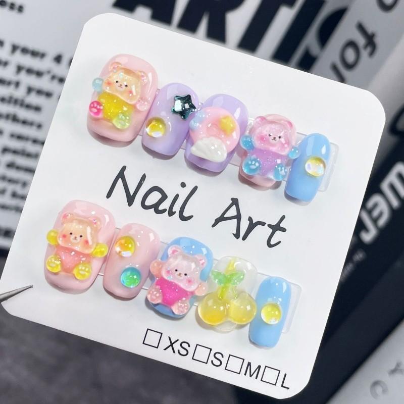 Cute Handmade Teddy Bear Nail Stickers Short Style Cartoon Candy Design