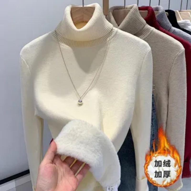 Women Fleece Lined Thick High Neck Warm Inner Knit Sweater Casual Top