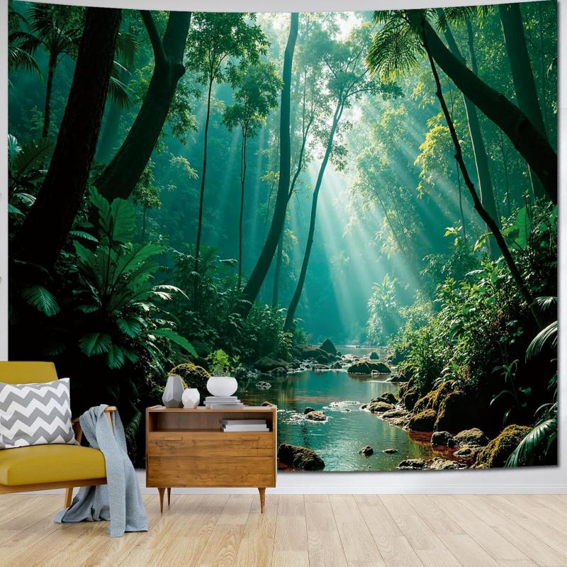 Forest Green Natural Pattern Tapestry Wall Decoration, Misty Forest Sunlight Mural Tapestry Bedroom Aesthetics
