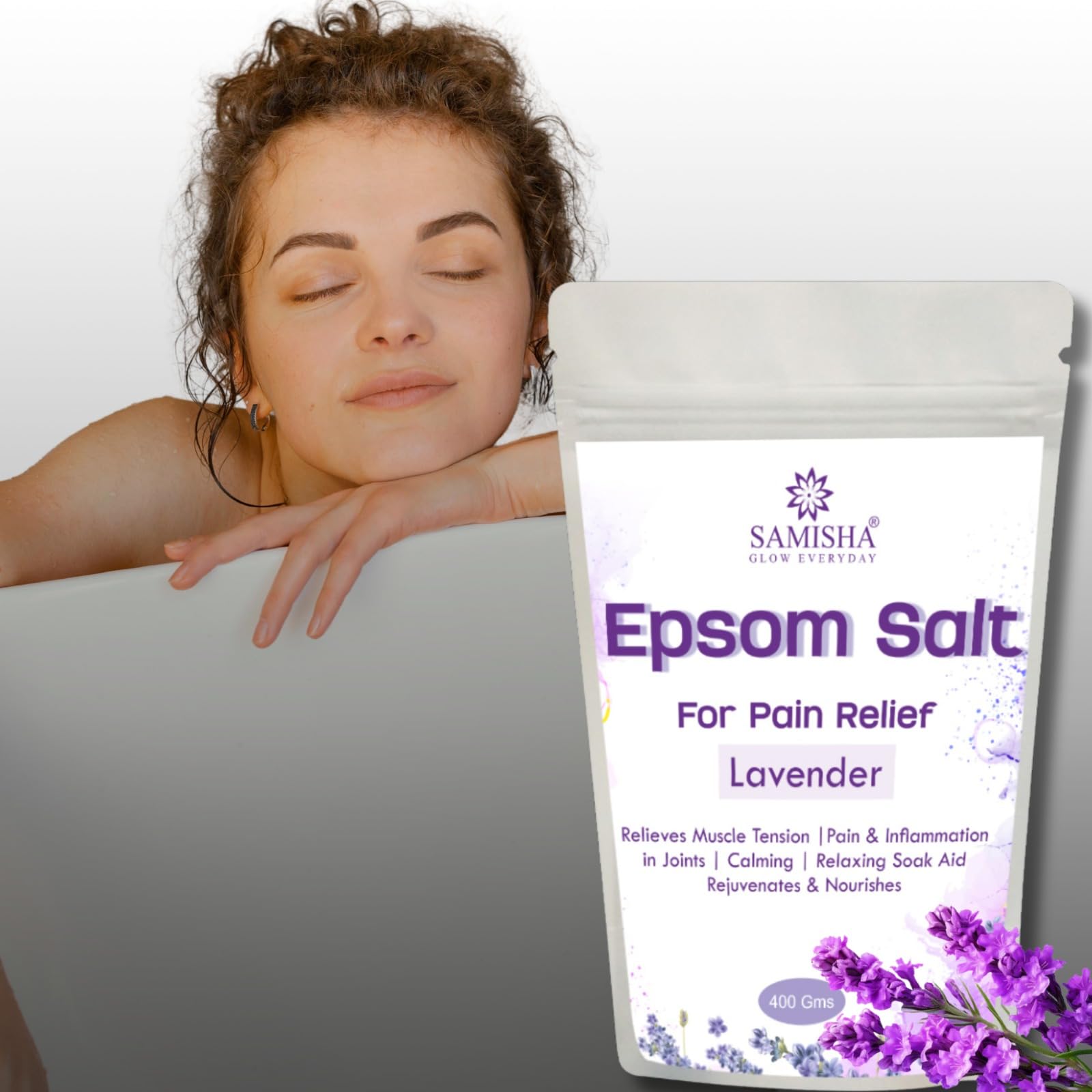 Samisha Epsom Salt Lavender - Relaxing Foot & Body Soak | Lavender Epsom Bath Salt for Pain Relief, Stress Relief & Muscle Recovery | 400 Gram