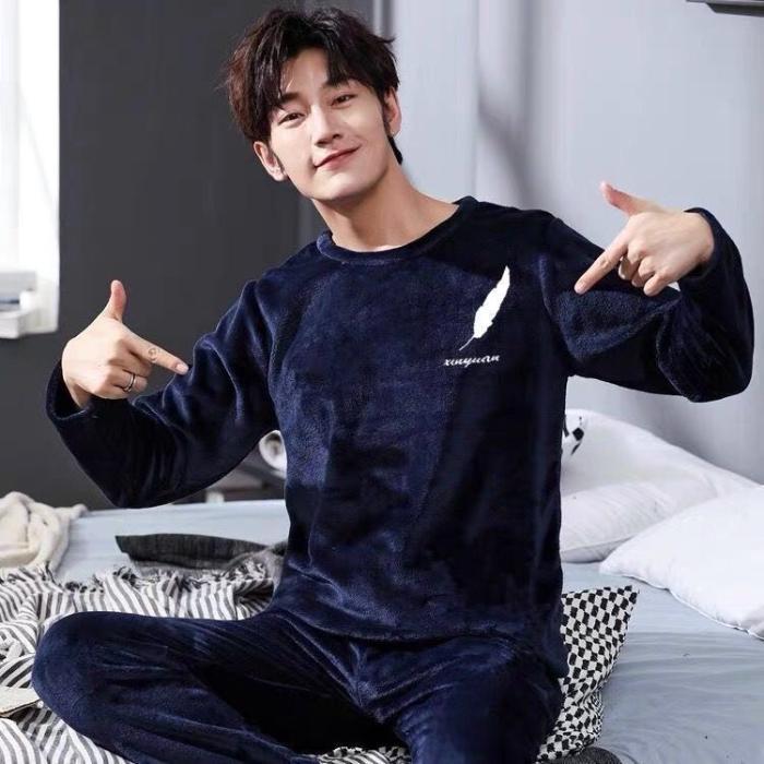 

Cartoon Cute Bear Print Pajamas Set Men Crew Neck Striped Design Casual Homewear Autumn Winter Cotton Sleepwear L