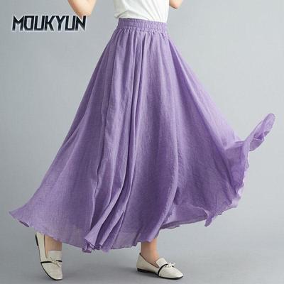 Summer Autumn Women's Skirt Literary Large Size Cotton Linen Half Skirt Elastic Waist Linen A-line Skirt Long Section Pure Color Wind Swing Skirts