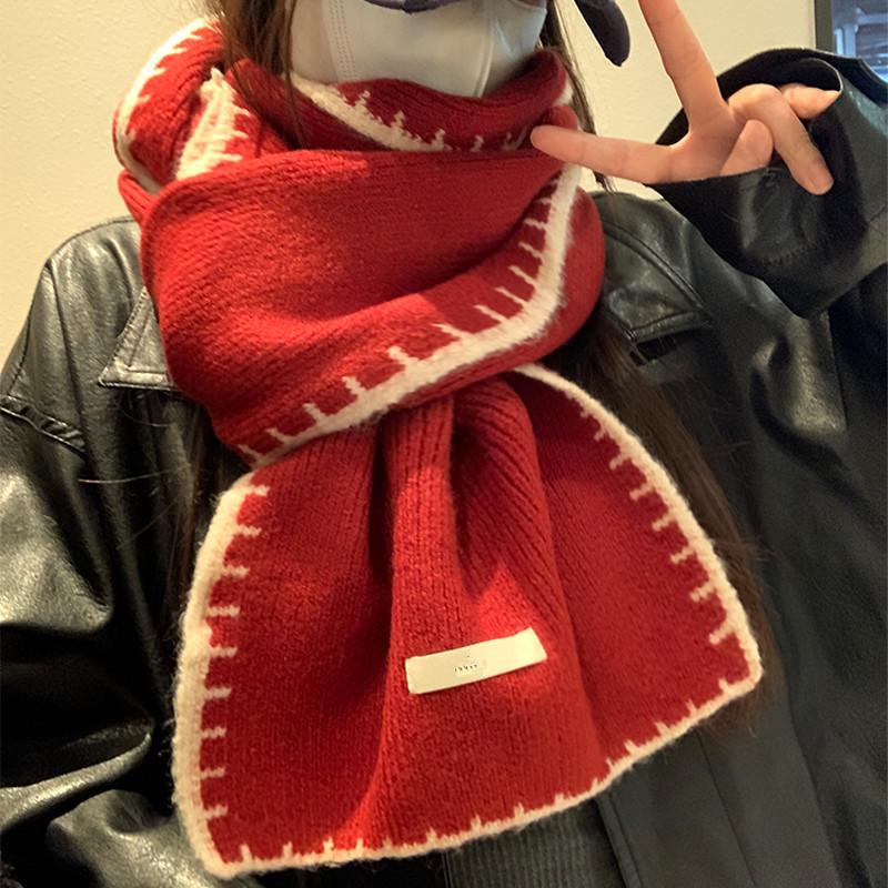 

2025 Женский японский минималистичный ветрозащитный вязаный шарф - Однотонный, теплая зимняя защита для шеи 175 cm красный