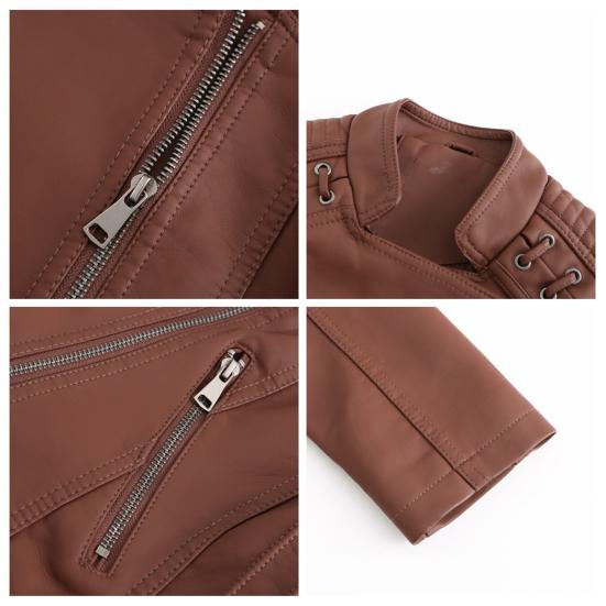 Women Autumn Winter Faux Leather Jacket Zipper Stand Collar Motorcycle Slim Coat