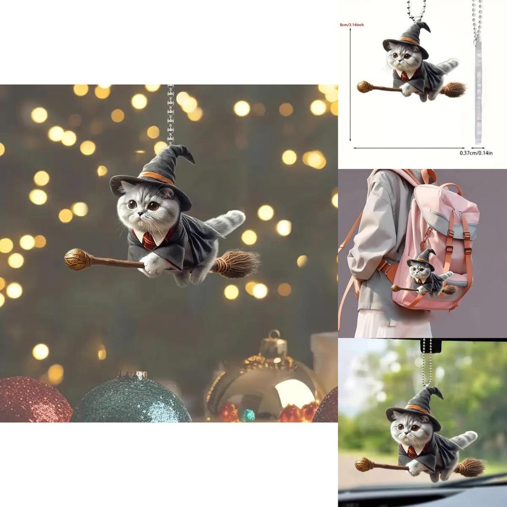 Acryl Flache Oberfläche Auto Ornament Mit Magischer Katze Reitet Besen Design Zur Aufwertung des Autoinnenraums