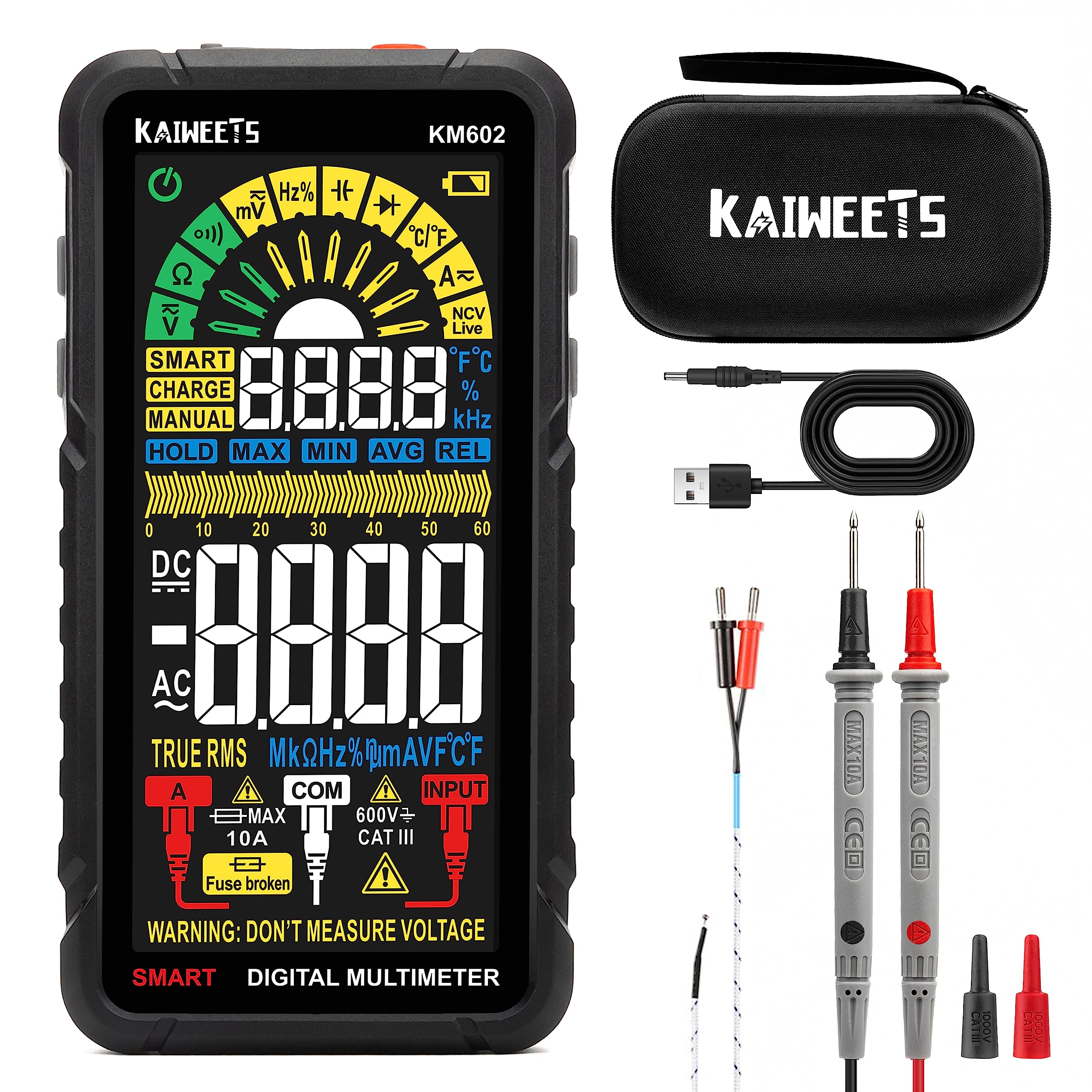 

KAIWEETS Rechargeable Multimeter with Large 6000 Duty and Temperature Measurements Screen, Counts, DC/AC Voltage, Resistance, Continuity, Current,