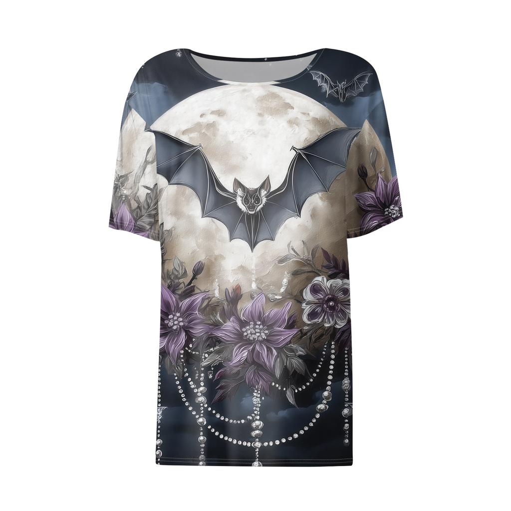 Women's Casual Short Sleeve Pullover Top Halloween Bat Pumpkin Print Round Neck Relaxed Fit Shirt for Fall Seasonal Wear