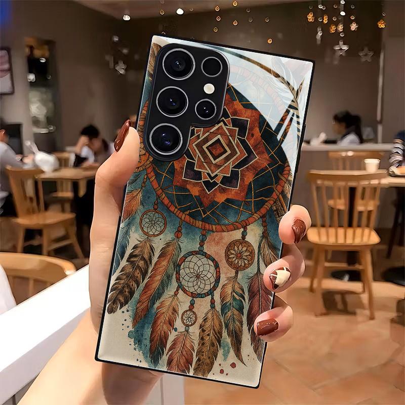 Feather Dream catcher tempered glass phone case suitable for Samsung GalaxyS26 S25 S24 S22 S21 S20FE/Ultra/Plus shock absorption