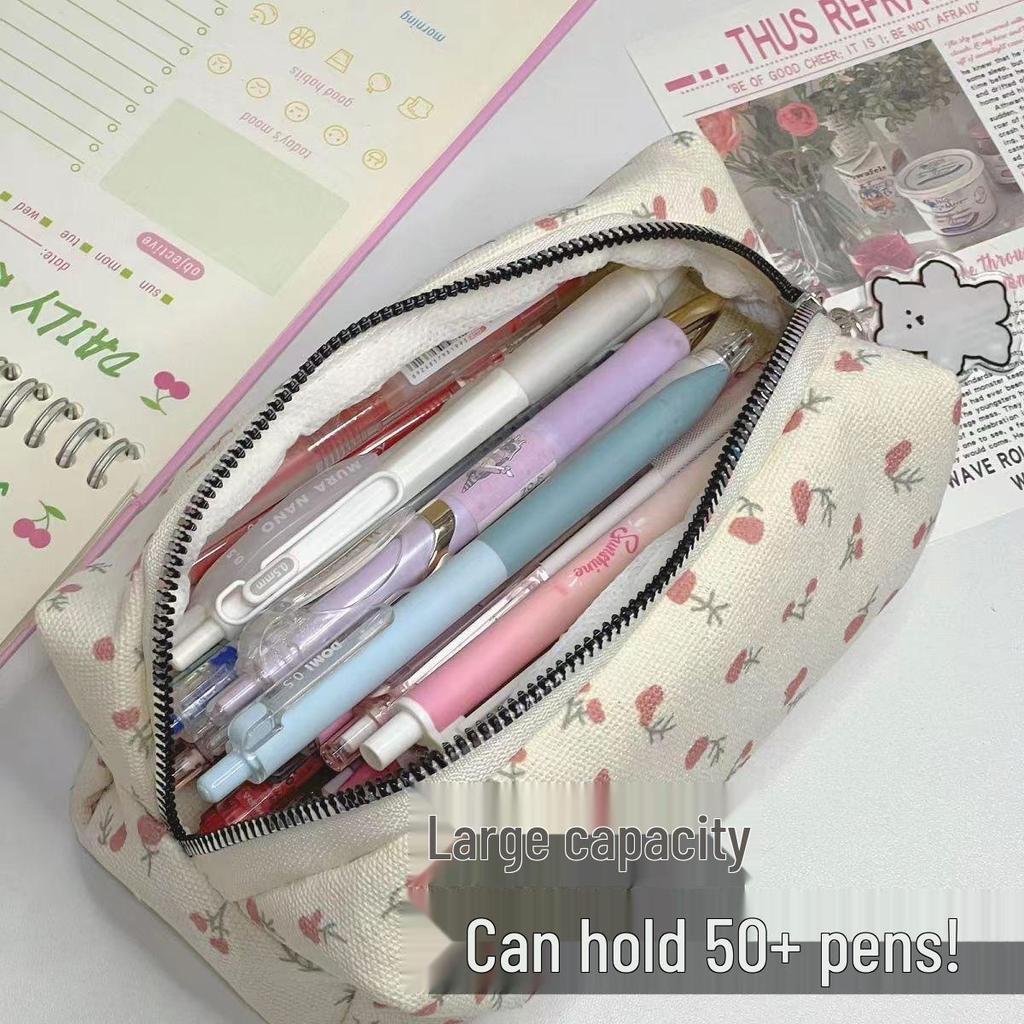 Charming Cream Floral Canvas Pencil Case: Fresh, Cute, Large-Capacity Stationery Bag