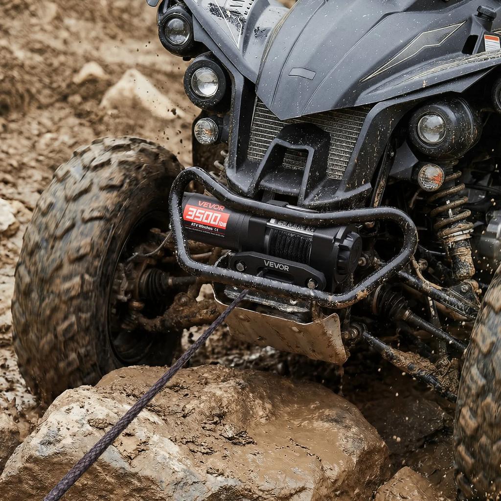 VEVOR 1587 kg Elektrický naviják, 12V DC Naviják pro ATV/UTV s průměrem 5,5 mm x 10 m Syntetické lano a Kabelové dálkové ovládání, Vodotěsný IP55