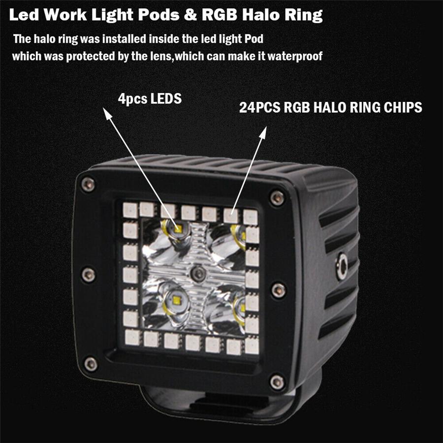 Pair 72W Led Work Light Bar 3X3" Spot Pods RGB Halo Color Angel Eyes  Changing C