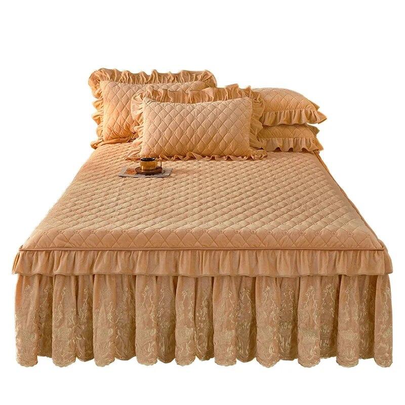 Colcha de cama de veludo europeia king size queen conjunto de luxo bordado saia de cama macia com 2 fronhas dropshipping