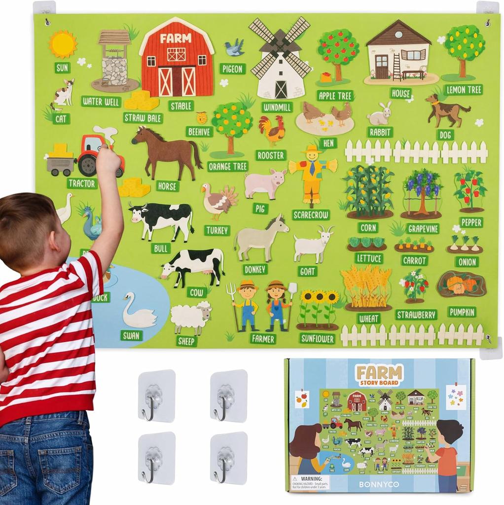 BONNYCO Felt Board with 92 Farm Animals Figures. Montessori Toys and Birthday Gifts for Children from 3 to 8 Years.  Farm Educational Games