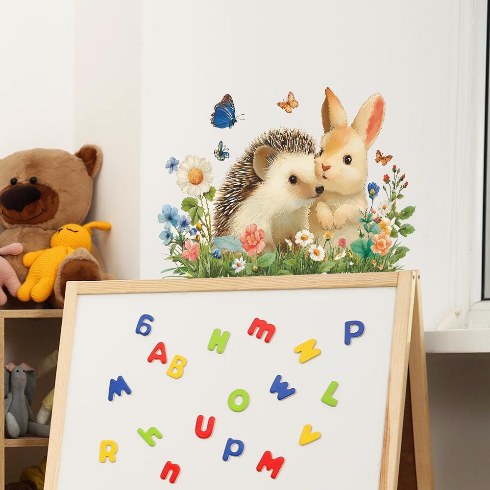 Self-adhesive Wall Stickers Cute Rabbit Hedgehog Butterflies Flowers for Kids Room Bedroom Home Decor