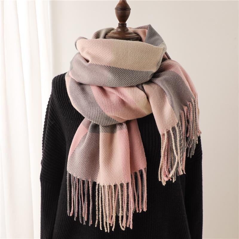 Unisex Korean Plaid Thick Winter Scarf with Tassels - Imitation Cashmere Shawl